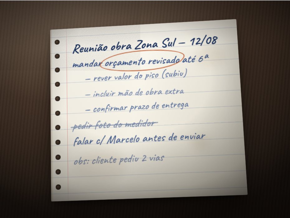Anotação manuscrita numa folha de caderno sobre uma mesa, com os tópicos de uma reunião de obra
